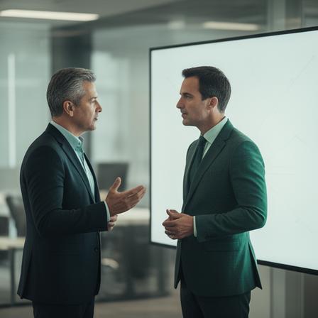 Executive coach speaking with a senior leader beside a whiteboard in a modern office