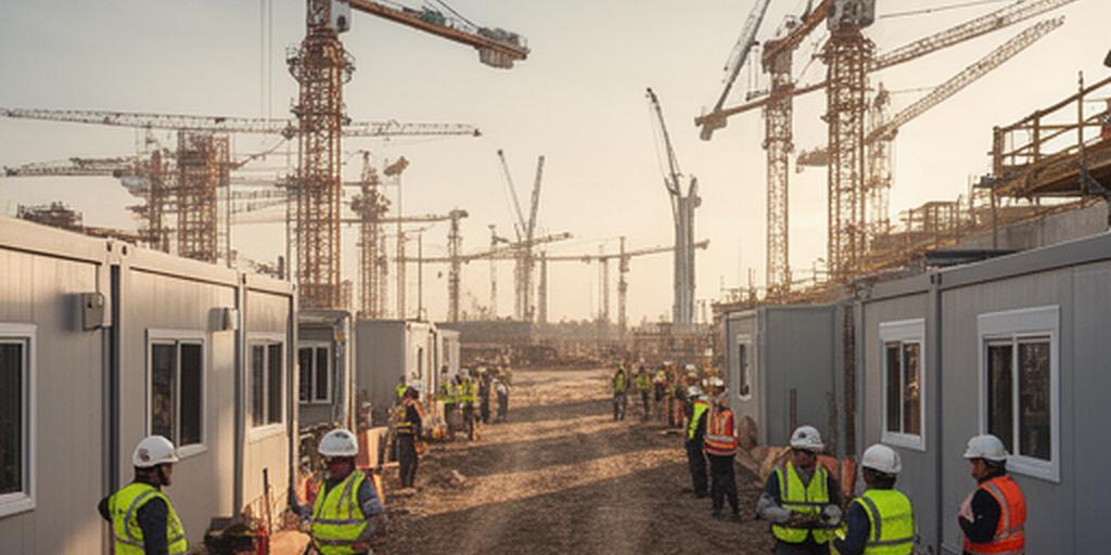 Large infrastructure worksite with cranes, temporary cabins, and workers moving between shift handovers
