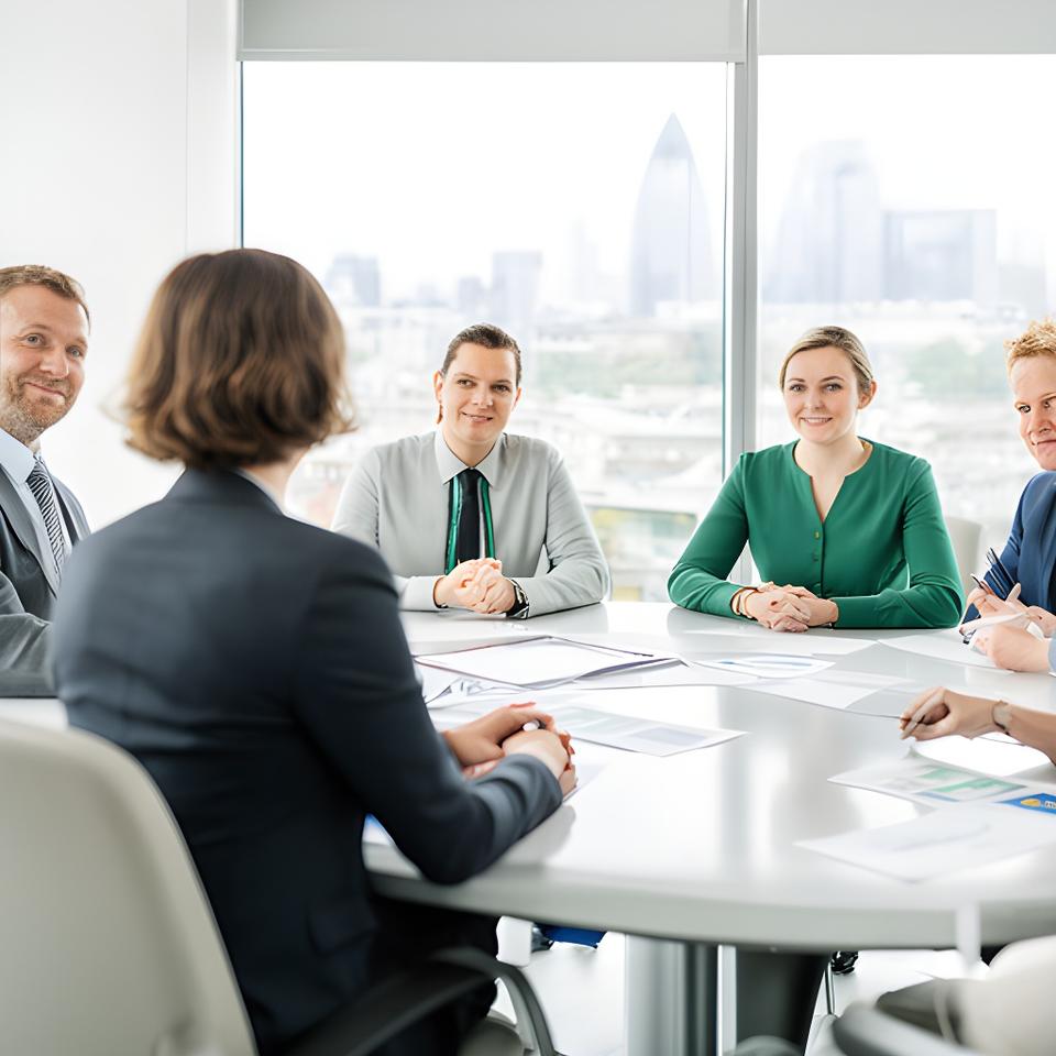 Confident HR consultant meeting fintech leaders in a bright Dublin boardroom with city skyline beyond the windows