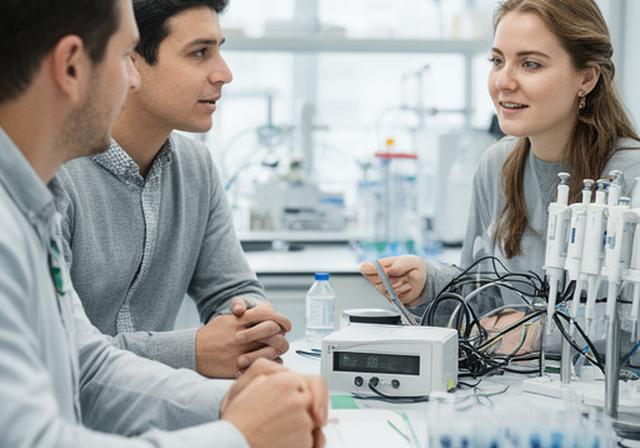 Life sciences team in a modern laboratory office discussing hiring plans beside sample equipment