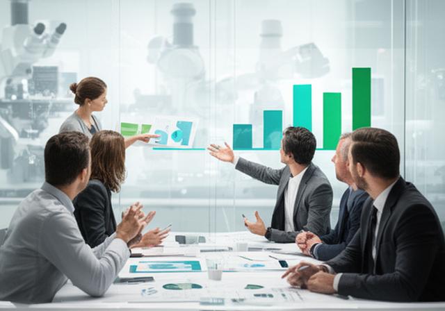 MedTech leaders reviewing expansion charts in a glass meeting room with a clean clinical aesthetic