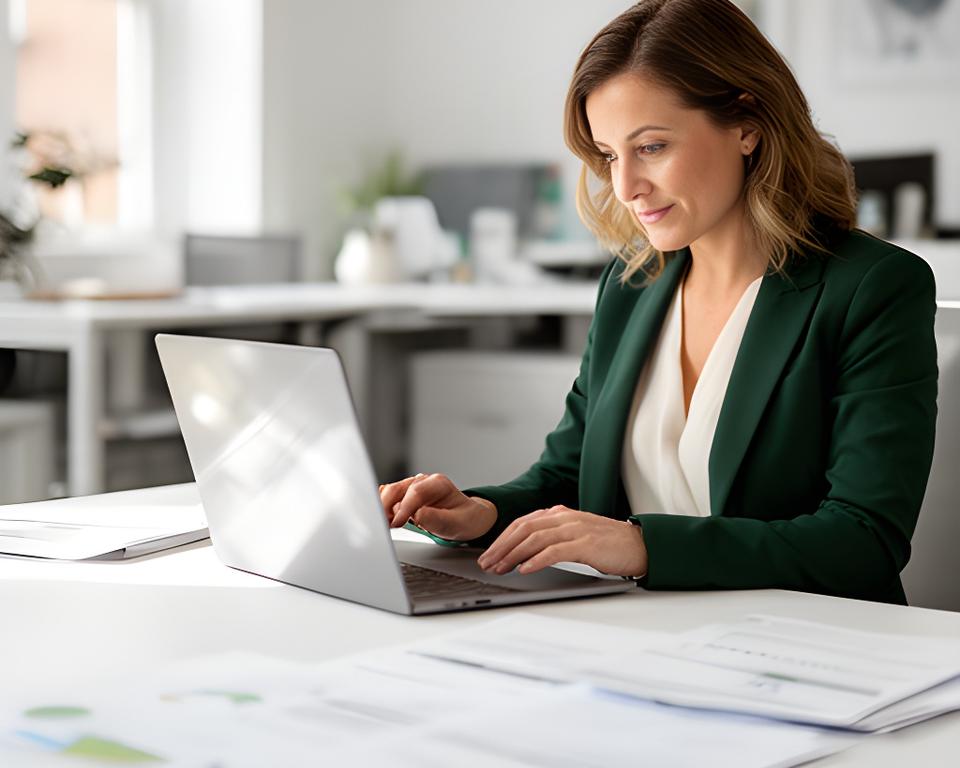 Confident HR consultant reviewing a service agreement in a bright Dublin office with printed policies and a laptop